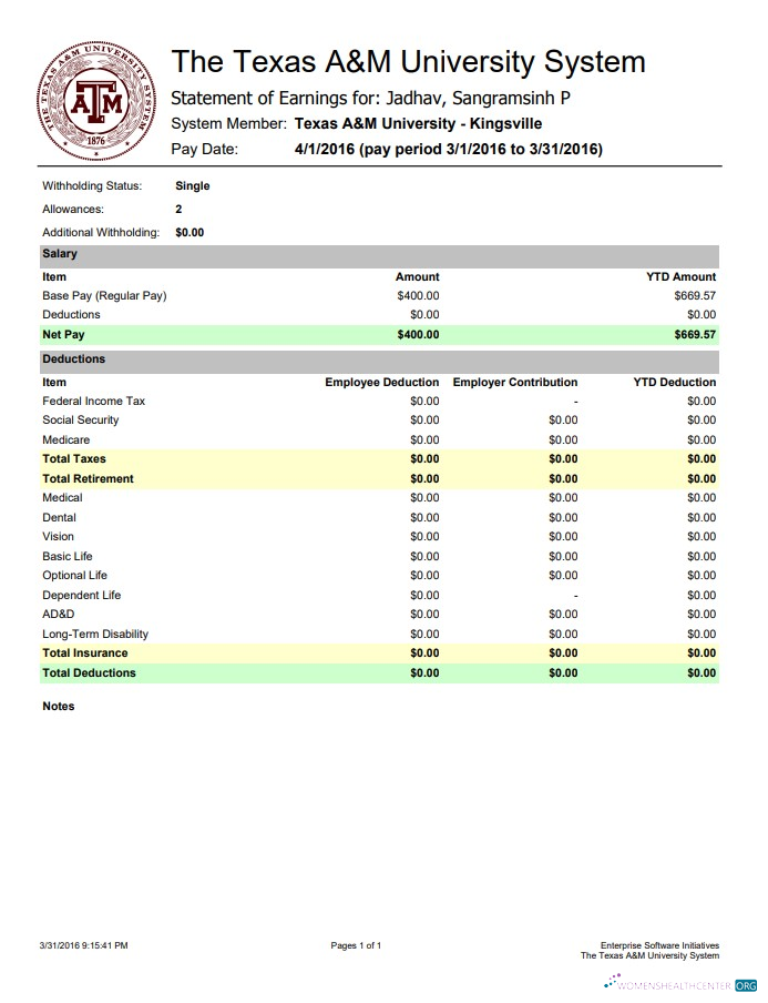 Download The Texas A&M University System Earnings statement Word and PDF template Photoshop template
